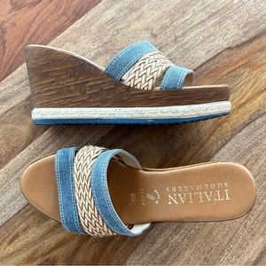 Italian Shoemakers woven leather and denim platform wedge slides